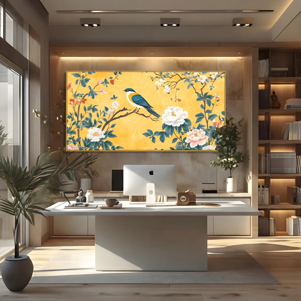 Tablou canvas cu tablou canvas cu pasare pe creanga si bujori, in rama de aluminiu auriu, pe perete intr-un birou